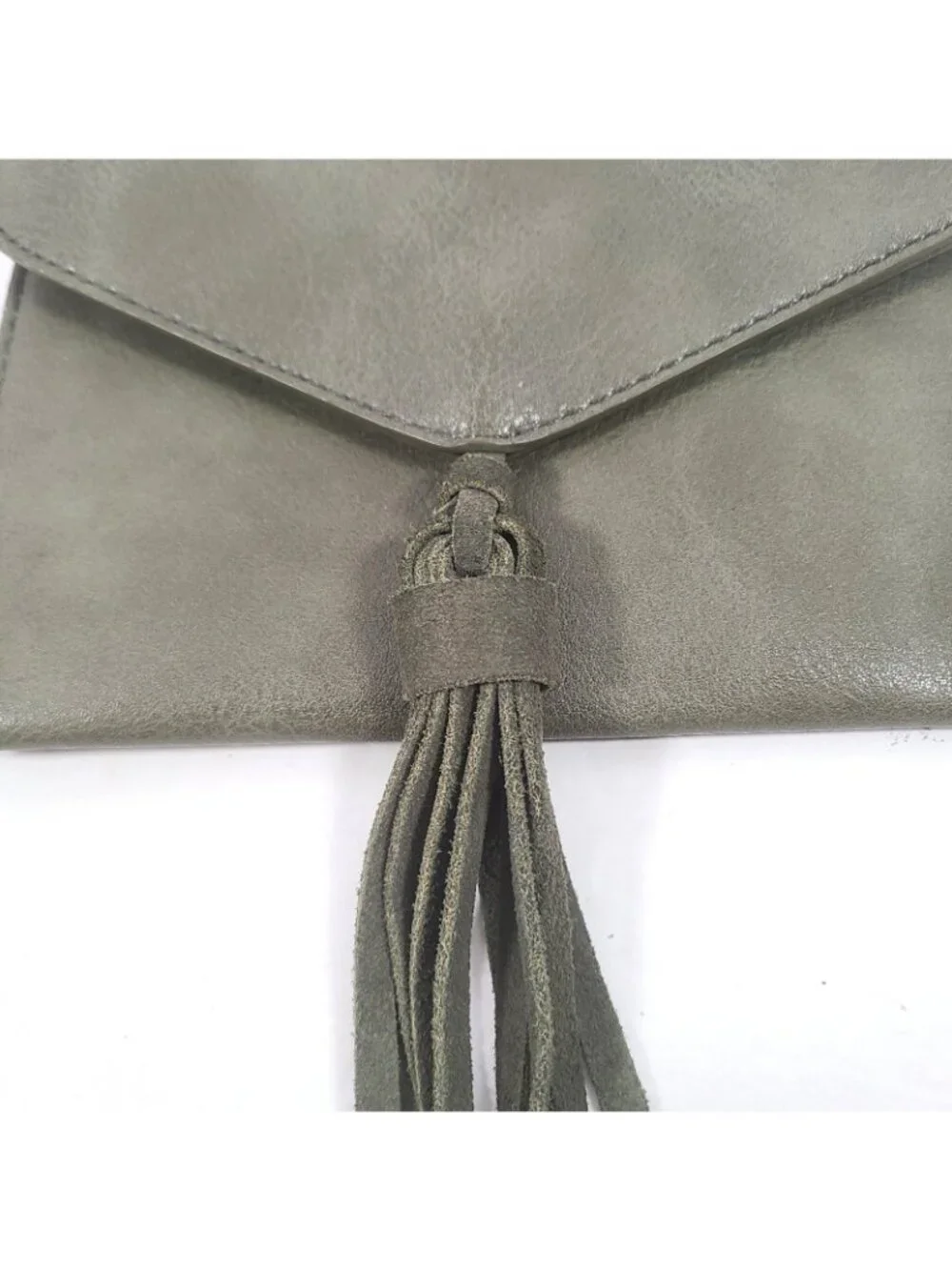 Anthropologie Tassel Envelope Clutch Bag Green Leather Boho Perforated Stitched
